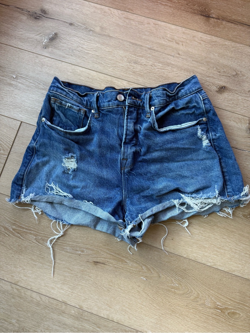 Good American Dark Blue Distressed Denim Cutoff Shorts